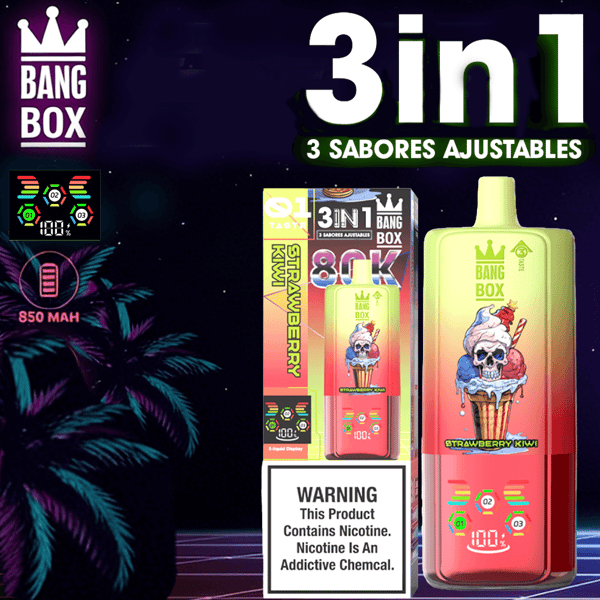Leuchtende Vape-Flasche mit Farbverlauf in Rosa und Gelb mit Totenkopf-Eiscreme-Motiv, daneben eine Kartonverpackung, fetter “3 in 1”- und “3 Sabores Ajustables”-Text, Bang Box-Branding und tropischer Palmenhintergrund.