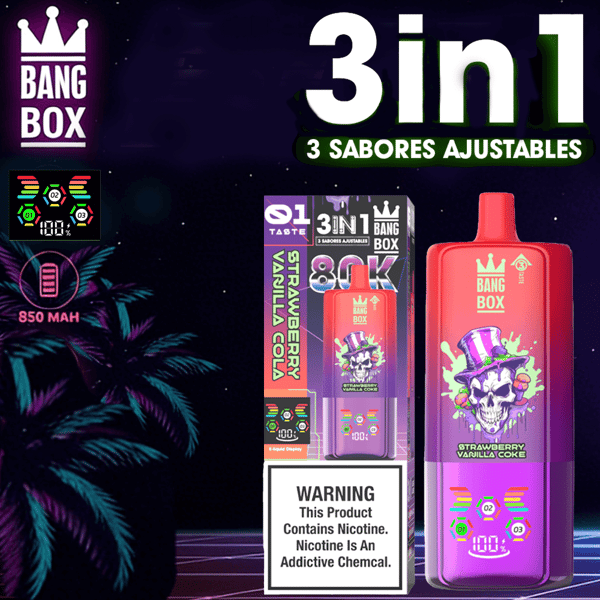 Drei in einem, drei Geschmacksrichtungen, einstellbarer Bang Box Vape, Erdbeer-Vanille-Cola, zeigt bunte Flasche und Verpackung mit Warnhinweis auf dem Nikotinprodukt.