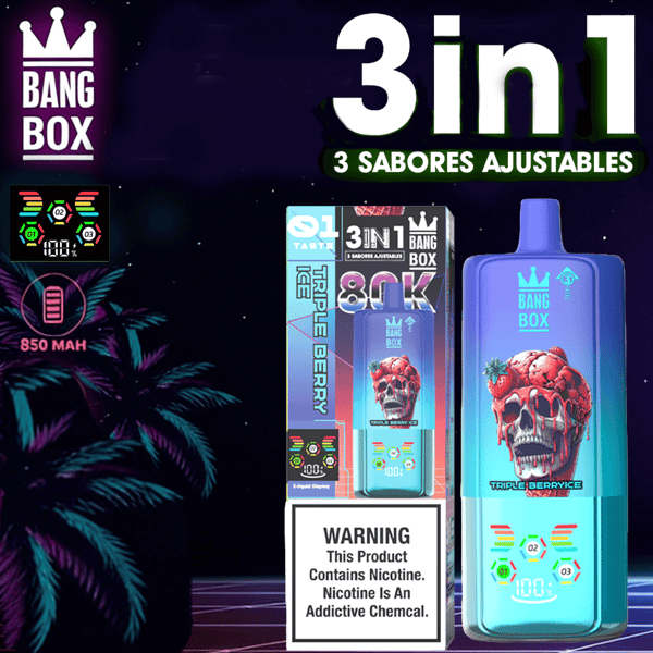 Helder vapenproductpakket en fles met het label Bang Box met schedelillustraties, tekst “3 in 1” en “3 sabores ajustables”, waarschuwingslabel en paarsblauwe verloopachtergrond met palmbomen.