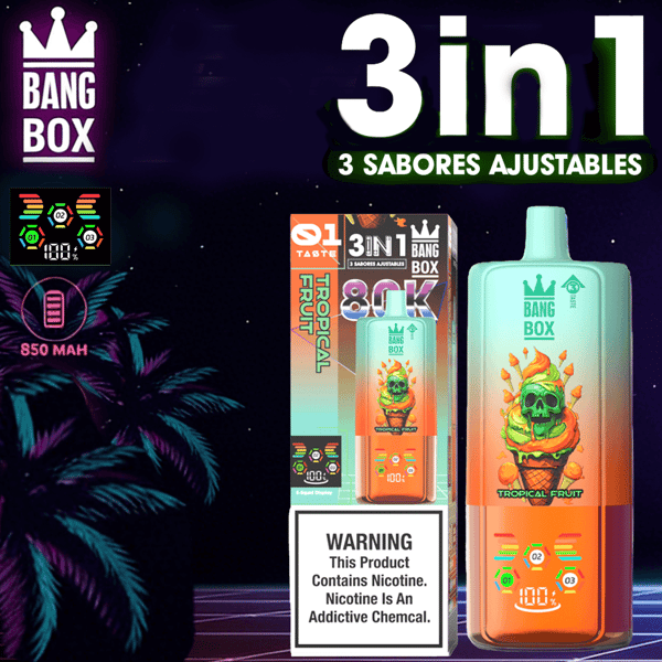 Eine farbenfrohe Vape-Produktverpackung und -Flasche mit der Aufschrift „Bang Box 3 in 1“, tropischer Fruchtgeschmack, mit einem Nikotinwarnhinweis auf der Verpackung und einem dunkelvioletten Hintergrund.