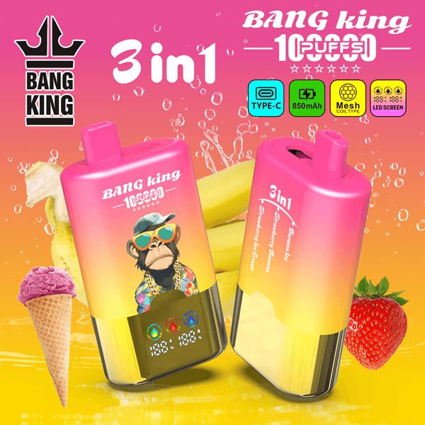 Fond dégradé rose vif et orange avec deux bouteilles de vape 3-en-1 roses, une illustration de singe portant des lunettes de soleil, un cornet de crème glacée et une marque fraise; dit BANG king et 3in1.