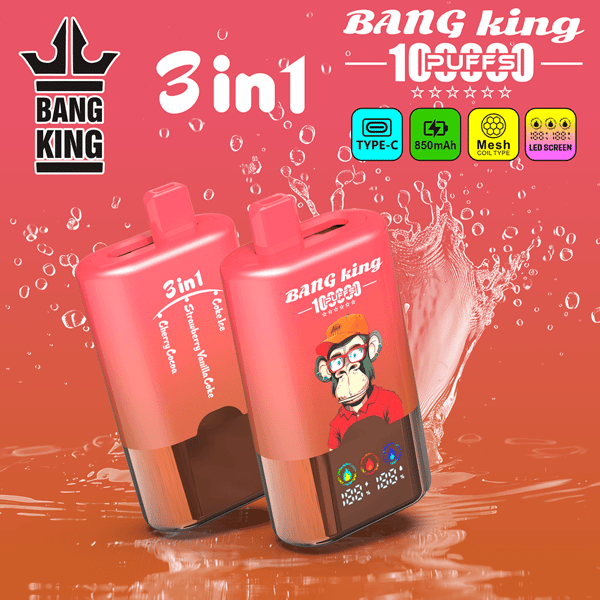 Appareils de vape 3-en-1 Bang King rouge vif/rose avec fond éclaboussant, deux modules rectangulaires roses, logo de singe de dessin animé et icônes colorées en haut.