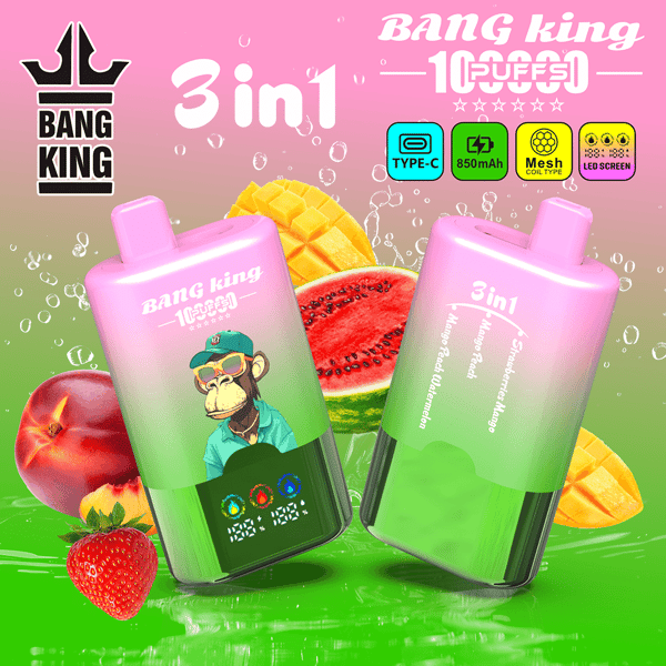 Deux bouteilles dégradées de rose à vert étiquetées Bang King 3in1 avec un singe de dessin animé sur l'une, entouré de fruits (pastèque, mangue, fraise) et un fond rose vif avec des icônes de produits.