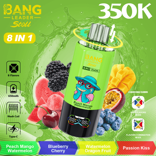 Bouteille vert vif étiquetée Bang Leader Stoll 8 en 1 avec pastèque pêche mangue, entourée de fruits (pastèque, mangue, baies) sur fond citron vert; Texte 350K, emballages de saveur en bas.