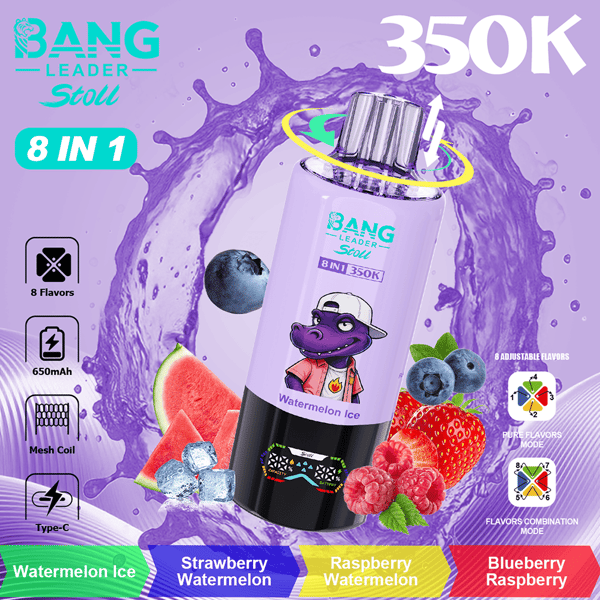 Image promotionnelle violet vif pour le produit de vape Bang Leader Stoll 8 en 1, comprenant une bouteille centrale avec des saveurs de fruits (glace à la pastèque, pastèque aux fraises, pastèque aux framboises, framboise aux myrtilles) et un fond éclaboussé, avec des icônes de saveurs, 8 saveurs, 650 mAh et l'accent “ 350K ”.