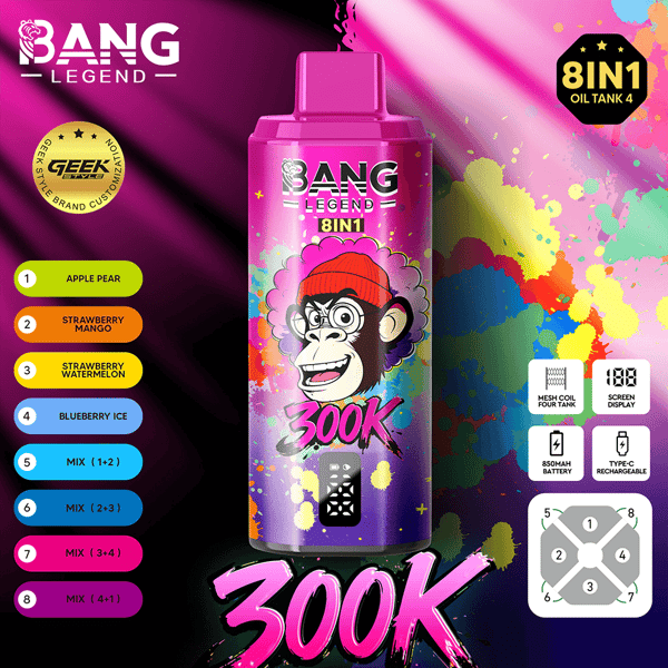 Promocja zbiornika na olej Bright Bang Legend 8IN1 z różową butelką i rysunkową małpką, kolorowe tło powitalne, lista smaków po lewej stronie.