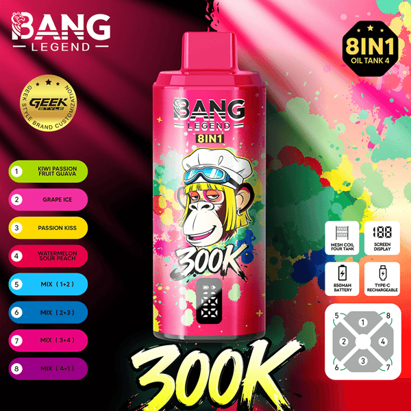 Butelka ze zbiornikiem na olej Pink Bang Legend 8IN1 z rysunkową małpą w goglach na kolorowym tle graffiti, z opcjami smakowymi wymienionymi po lewej stronie.