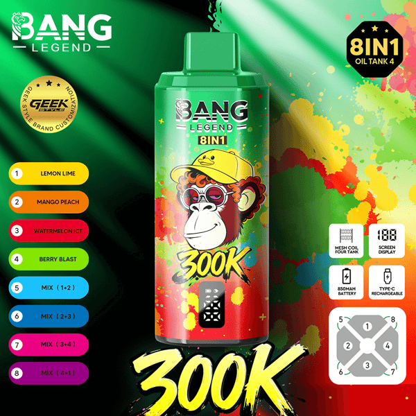 Jasnozielona butelka Bang Legend 8IN1 z etykietą 300K, na kolorowym tle powitalnym i listą smaków po lewej stronie.