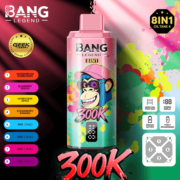 Butelka do waporyzacji Bright Bang Legend 8IN1 zawiera rysunkową małpkę z różową nakrętką, plamy farby i listę smaków po lewej stronie.