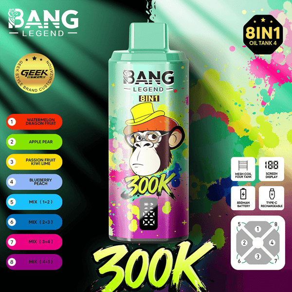 Butelka na olej Bang Legend 8IN1, 4 zbiorniki, z kreskówkową małpką w żółtym kapeluszu na tle pochlapanym farbą;, lista smaków po lewej stronie.