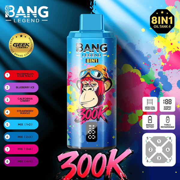 Butelka do waporyzacji Blue Bang Legend 8IN1 z rysunkową małpą w goglach pośród jasnych plam farby, z plakietkami smakowymi po lewej stronie.