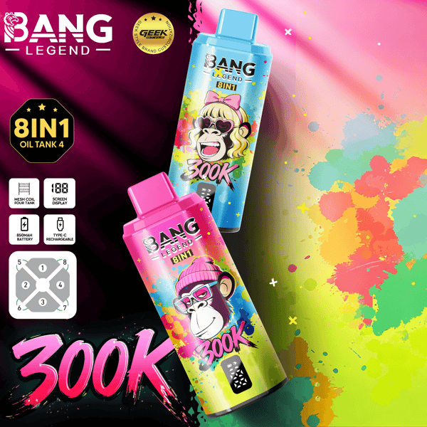 Bright colorful advertisement for Bang Legend 8IN1 oil tanks, featuring two vibrant bottles with monkey graphics, splashy paint background, "300K" text, and icons indicating features.