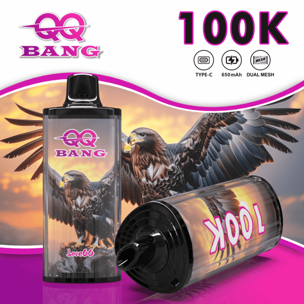 Stylizowana butelka na e-liquid z etykietą QQ Bang i odważnym tytułem “100K”, ozdobiona efektowną grafiką orła w kolorach zachodu słońca i fioletowo-różowymi akcentami.