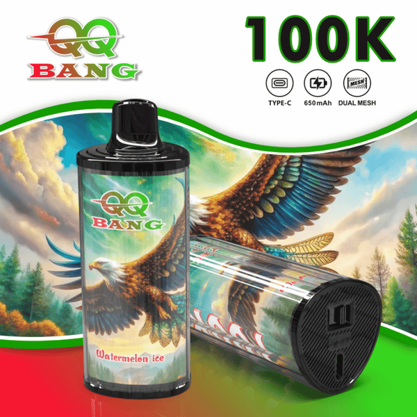 Dwie butelki vape QQ Bang z dynamicznym orłem i kolorowym tłem, etykieta przedstawia smak Watermelon Ice i tekst o pojemności 100 tys.