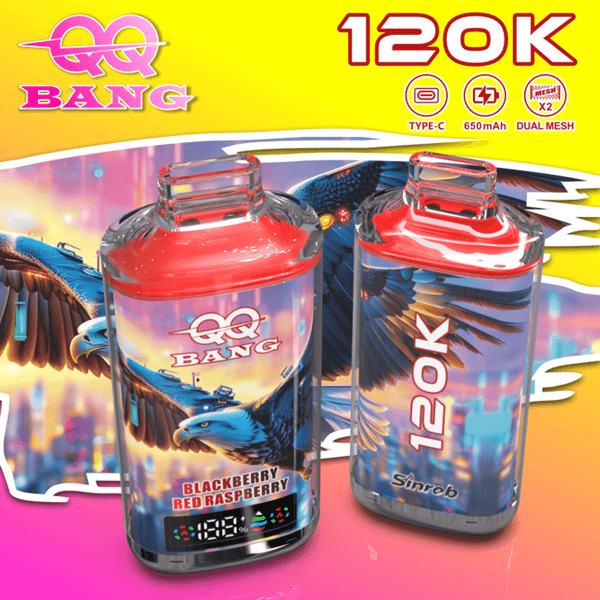 Deux grandes bouteilles d'eau colorées au design graphique audacieux avec un aigle et des fonds vibrants, étiquetées QQ Bang 120K avec une saveur de framboise/mûre rouge à gauche et un modèle bleu-argent à droite.