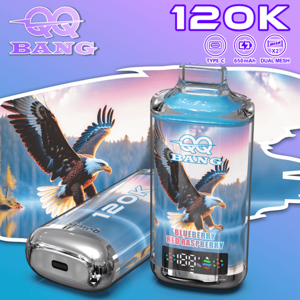 Deux appareils de vape Bang 120K bleus et argentés avec un motif d'aigle, l'un debout et l'autre couché, sur un fond dégradé bleu-violet.