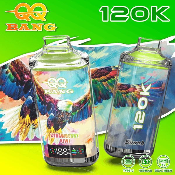Deux bouteilles d'eau colorées de grande capacité pour vape/pilule avec un motif d'ailes arc-en-ciel lumineux, étiquetées 120K Bang, sur un fond vert fluo.