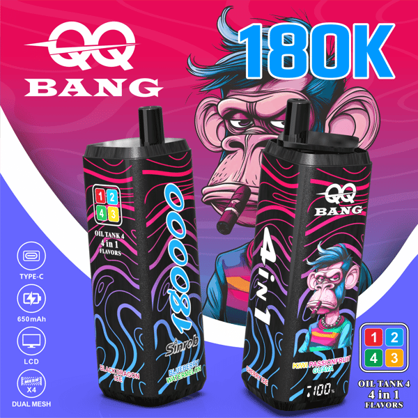 Fond rose-violet audacieux avec un singe stylisé et un grand texte We Bang 180K ;, deux bouteilles d'huile de vape noires avec des motifs tourbillonnants bleu fluo et rose, étiquetées saveurs 4 en 1 et comportant des logos colorés.