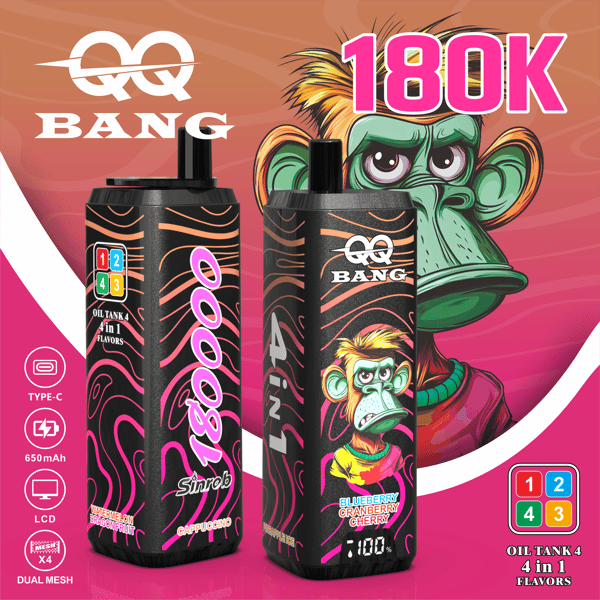Deux bouteilles d'huile de vape noires avec des motifs tourbillonnants roses et orange, étiquetées QQ Bang 180K, avec un personnage de singe et des couleurs vives en arrière-plan.