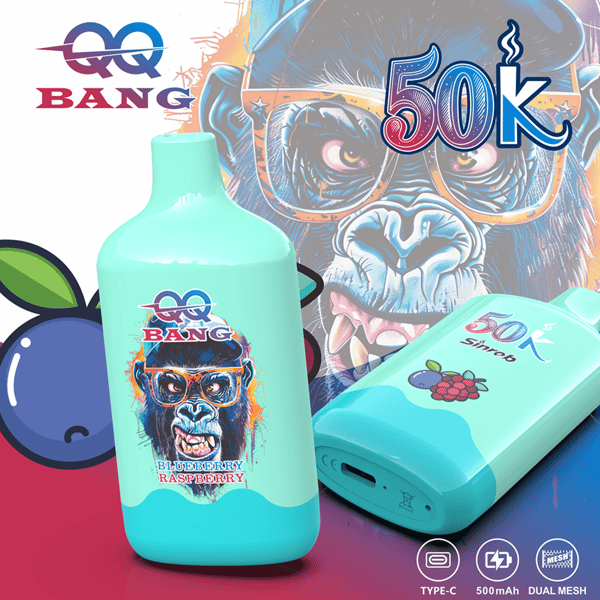 Deux appareils de vape turquoise avec un fond graphique audacieux comportant un gorille et le texte “ 50k ” ;, une bouteille verticale avec une étiquette floue et un motif framboise, et un deuxième appareil couché sur le côté avec une illustration framboise.