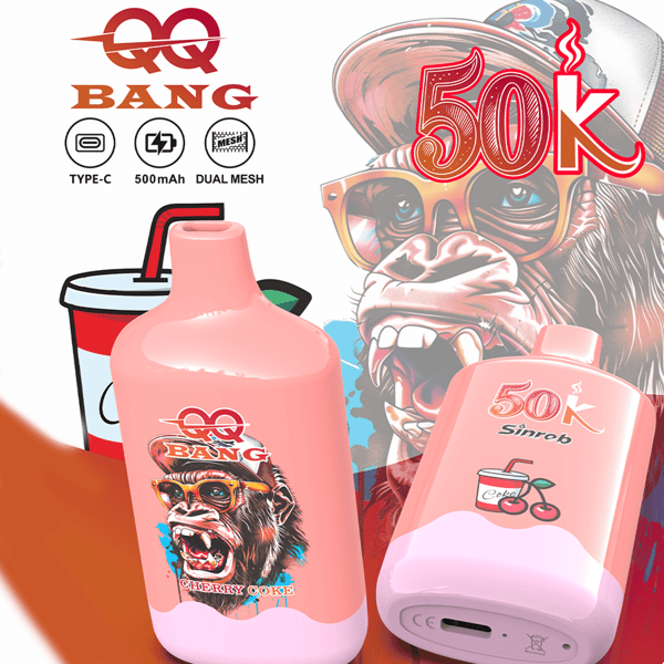 Image promotionnelle colorée représentant des boissons énergisantes Bang, notamment une bouteille rose avec un gorille portant un casque, un chargeur rose de style USB-C avec la marque “ 50k ” et un chimpanzé caricatural avec des lunettes de soleil en arrière-plan.