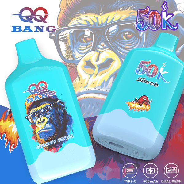 Deux bouteilles turquoise de la boisson énergisante 50k Bang avec une illustration de gorille en arrière-plan, une étiquetée 50k Sinrob et des éléments de design colorés autour.