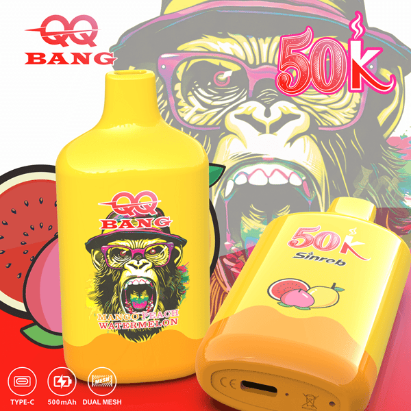 Appareils de vape à double maille jaune vif étiquetés 50K Sinrob avec un fond de singe de dessin animé et des graphiques de fruits au premier plan.
