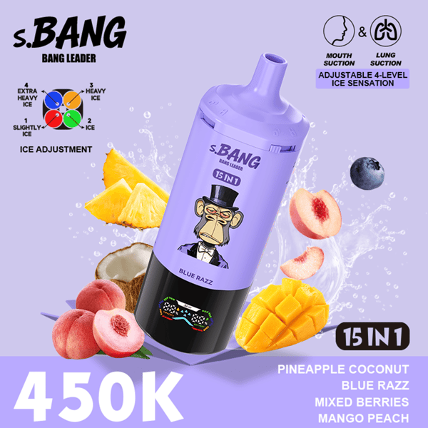 s.BANG Bouteille 15 en 1 couleur lavande avec un singe de dessin animé coiffé d'un chapeau haut de forme, entouré d'ananas, de mangue, de pêche et de myrtilles; texte “ 450K ” en gras et tranches de fruits.