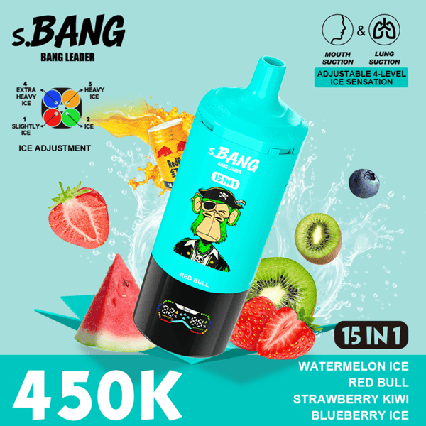 Bouteille d'eau S. BANG avec un capitaine de dessin animé, corps bleu sarcelle, base noire, entourée de fruits (pastèque, fraise, kiwi, myrtille) et d'éclaboussures; propose des options de saveur/glace “ 15 en 1 ” et un prix audacieux de 450 000 $.