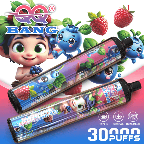 Deux appareils de vape colorés avec des illustrations sur le thème des baies, mettant en vedette des fruits et des personnages animés, sur un fond vibrant de framboises et de feuilles.
