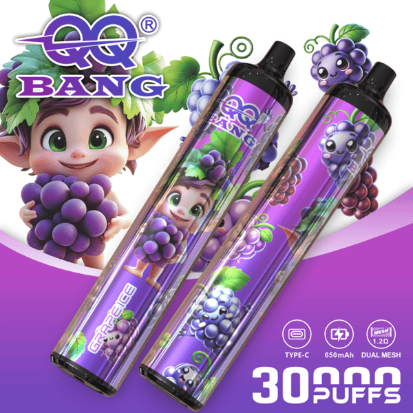 Deux appareils de vape sur le thème du raisin violet avec des personnages de dessins animés colorés, une marque et un fond dégradé violet.