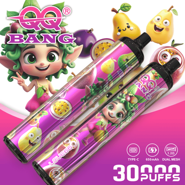 Stylos à vape aux couleurs vives avec des graphismes de fruits et de personnages de dessins animés, un fond dégradé rose-violet, un grand texte " 30 000 PUFFS " et des icônes ludiques.