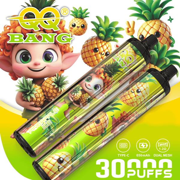 Deux appareils de vapotage sur le thème de l'ananas avec un emballage vert vif et jaune, sur un fond tropical avec des illustrations d'ananas et le texte “ 3000 PUFFS ”.”