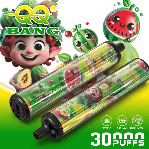 Appareils de vape vert vif avec des personnages de dessins animés de pastèque et de fruits, des embouts buccaux à double maille de 30 000 bouffées, un emballage coloré et un grand texte “ 30 000 PUFFS ”.