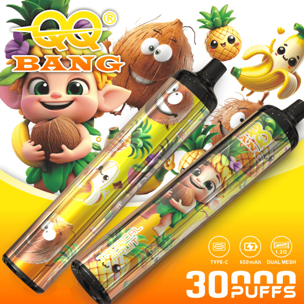 Appareils de vape colorés avec des noix de coco de dessin animé, des ananas et un joyeux personnage d'elfe, des motifs de fruits tropicaux, un fond jaune-orange vif, une étiquette de 30 000 bouffées.