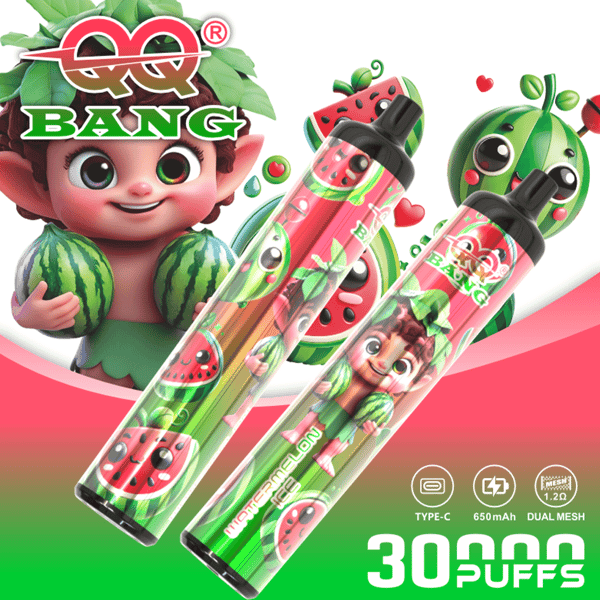 Stylos à vape aux couleurs vives avec des motifs sur le thème de la pastèque, avec des personnages de dessins animés ludiques et des images de fruits verts/rouges sur un fond dégradé rose-vert.
