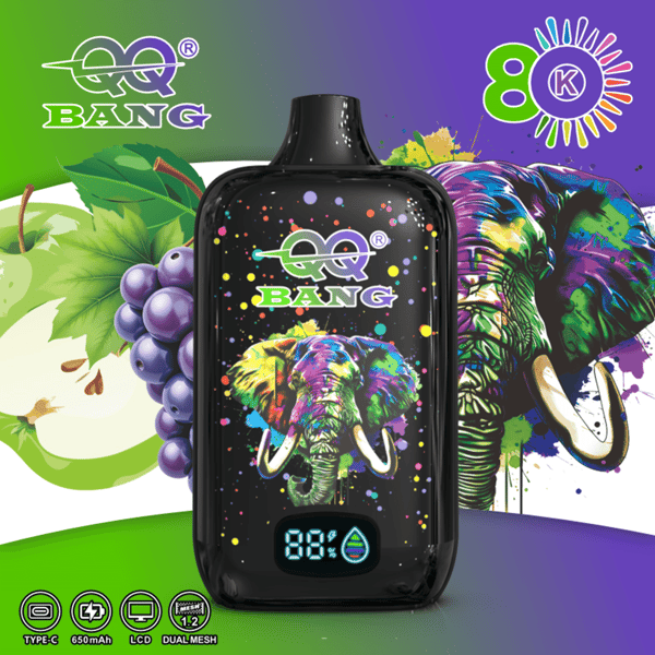 Un appareil de vapotage noir avec un graphisme d'éléphant coloré sur le devant, sur un fond vert-violet vibrant avec des images de raisin et des accents éclaboussants.