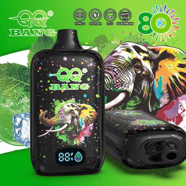 Appareil électronique noir portable avec une illustration d'éléphant colorée, un écran affichant " 88% " sur un fond vert-bleu, un fond vert vif avec un motif de feuilles et d'éclaboussures.