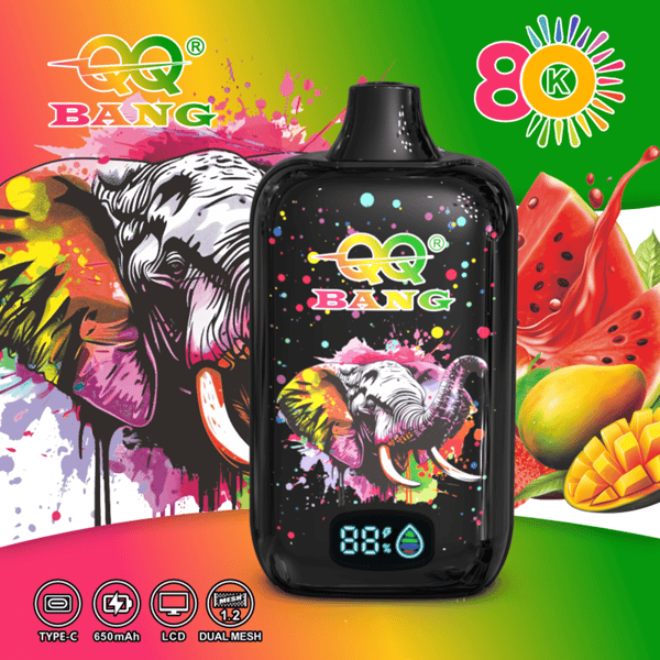 Appareil de vape vibrant avec des illustrations colorées représentant un éléphant, des éclaboussures et un fond de fruits ; L'affichage numérique affiche 88% et des icônes en bas.
