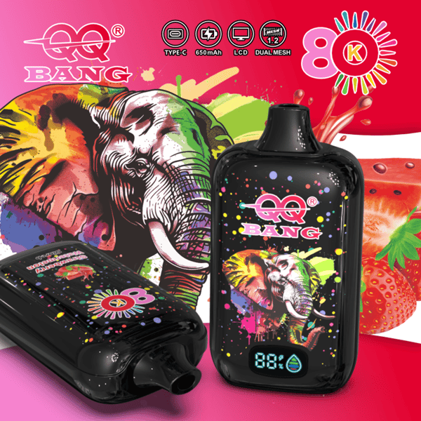 Emballage coloré pour appareil à vapeur QQ Bang avec graphique d'éléphant, dosette noire, éclaboussures de néon et fond fraise vibrant de marque 80K;.