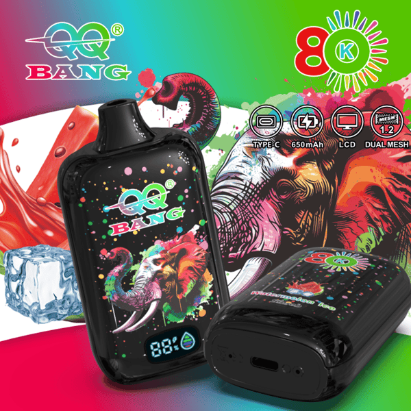 Emballage pour appareil de vape aux couleurs vives comprenant une capsule noire avec un fond arc-en-ciel, une illustration d'éléphant et le logo QQ BANG avec des icônes indicatrices de 650 mAh.