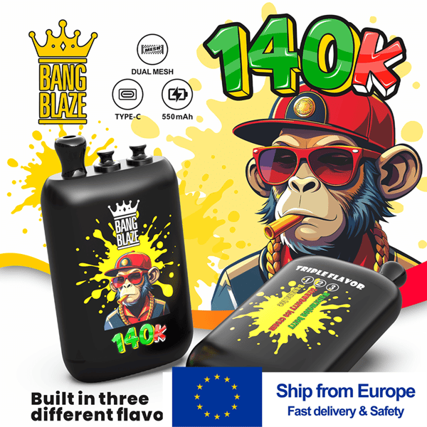 Kit vape Bang Blaze con etichetta 140K, grafica verde “14O K” e testo “Spedito dall’Europa” sulla confezione