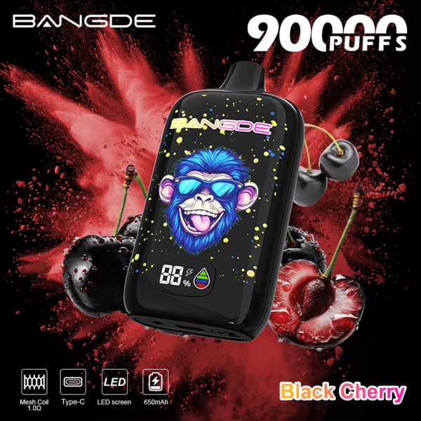 Black vape device with blue, grinning character graphic, “90 Puffs,” and red smoke burst backdrop