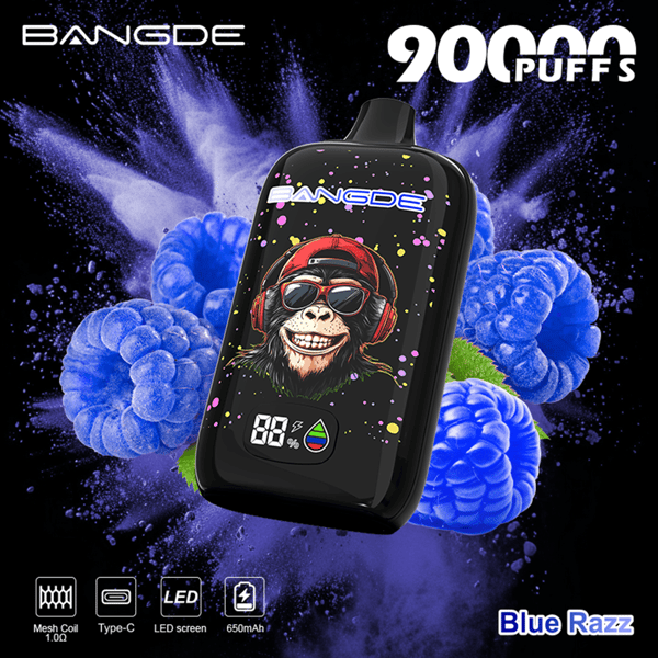 Black vape device with bearded cartoon graphic, “BANGLDE” branding, and “90 Puffs” text over blue burst background