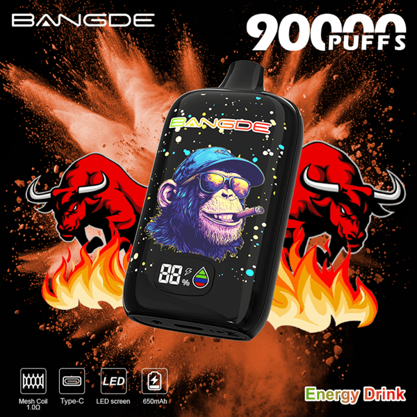 Black vaping device with blue bear graphic, flames and “BAN GDE 20,000 PUFFS” text on a fiery background