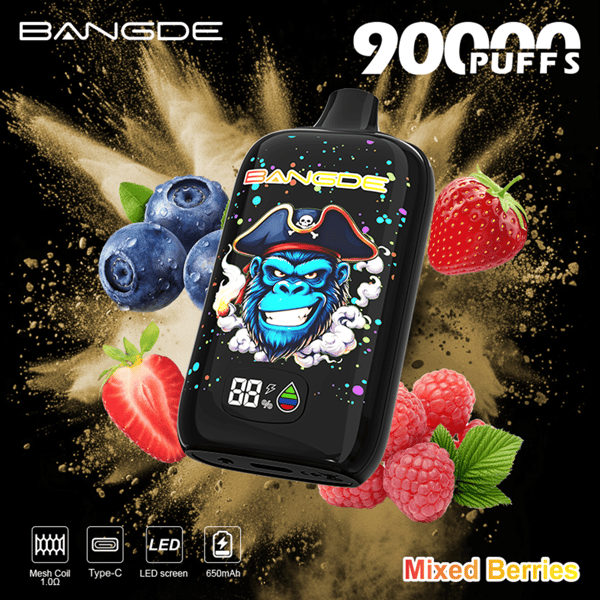 Black vape device with gorilla graphic and colorful “Mixed Berries” fruits on a gold burst background, 90 puffs
