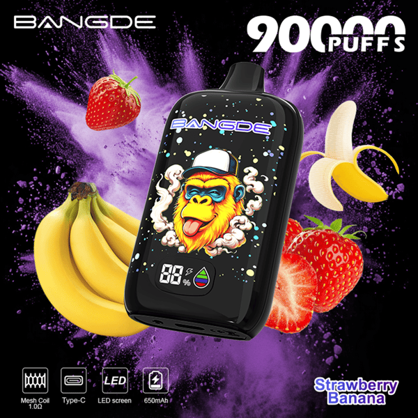 BANgDE 90Puffs vape device with a cartoon face, surrounded by strawberries and bananas with purple vapor