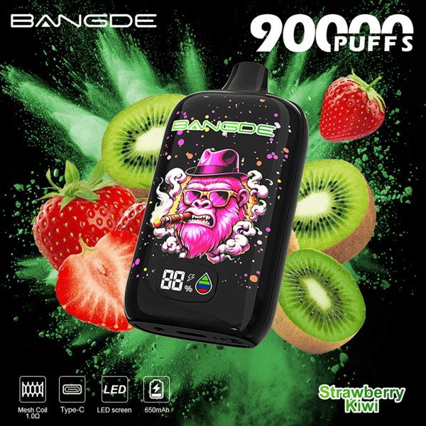 Black vape device with “BANGDE” logo, shown with strawberry and kiwi, “90 Puffs” text on green splash background