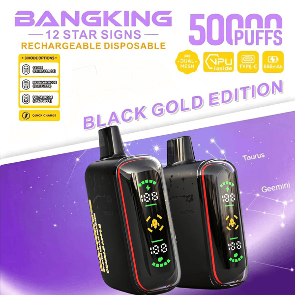 Purple packaging showing two black rechargeable vape devices with star sign display, “BLACK GOLD EDITION” and “50 puffs” text