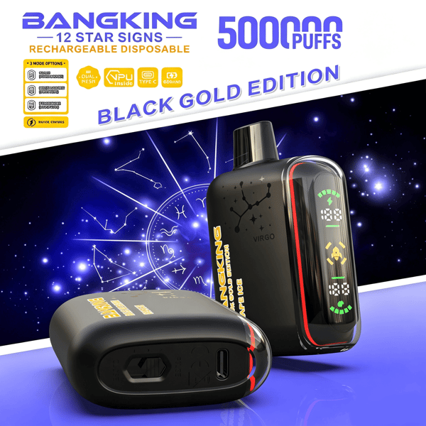 Black and gold vape device with blue zodiac-themed background and “BLACK GOLD EDITION” text